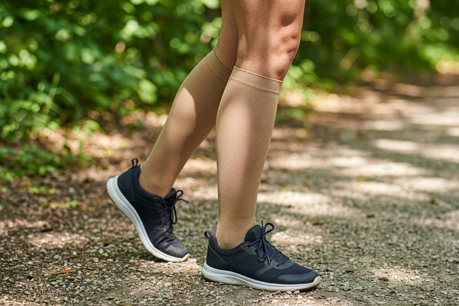 Close-up of a person wearing compression stockings and trainers while walking on a gravel path after varicose vein treatment.