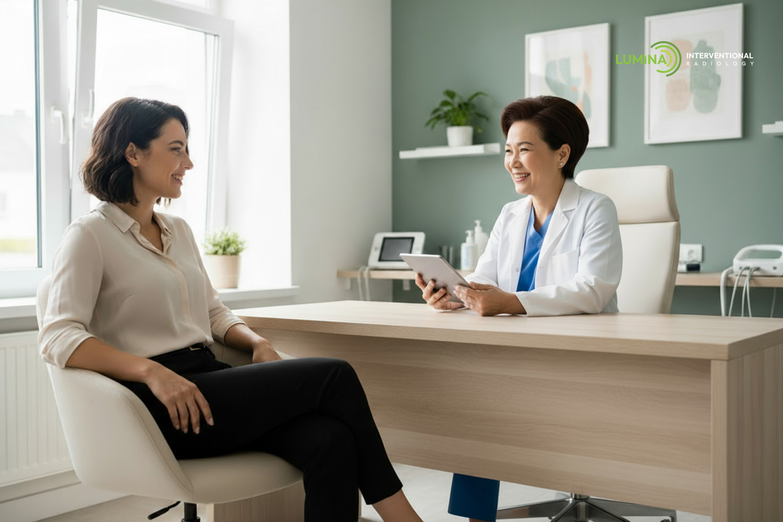 Alternative fibroid treatments consultation with an interventional radiologist at Lumina Health, patient discussing minimally invasive options like UAE.