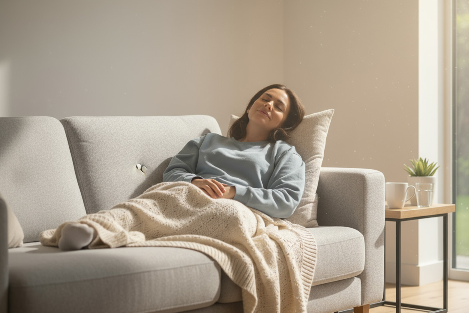 Woman resting comfortably at home on a sofa with a blanket after a minimally invasive alternative fibroid treatment (UAE), highlighting quick recovery.