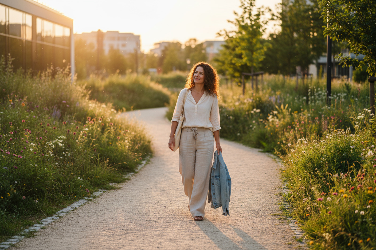 Woman walking comfortably outdoors at sunset after minimally invasive alternative fibroid treatments (UAE), reflecting quick return to normal activities.