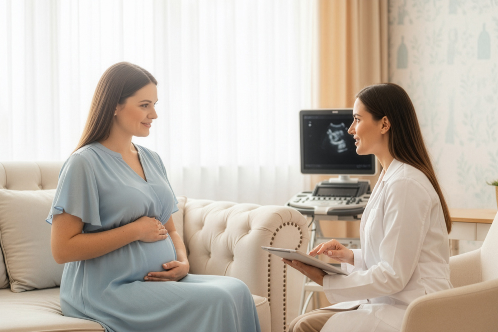 Pregnant woman discussing uterine artery embolisation and future fertility with a specialist in clinic