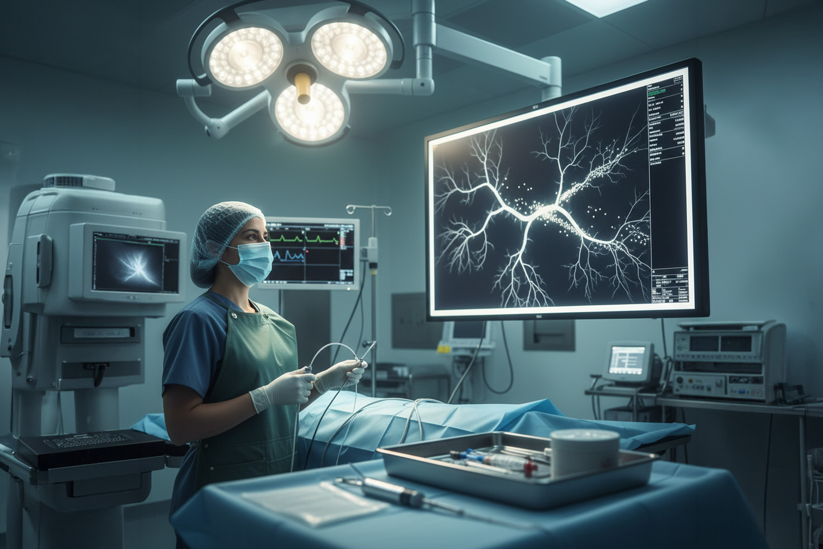 Interventional radiologist performing uterine artery embolisation using imaging guidance in a modern procedure room