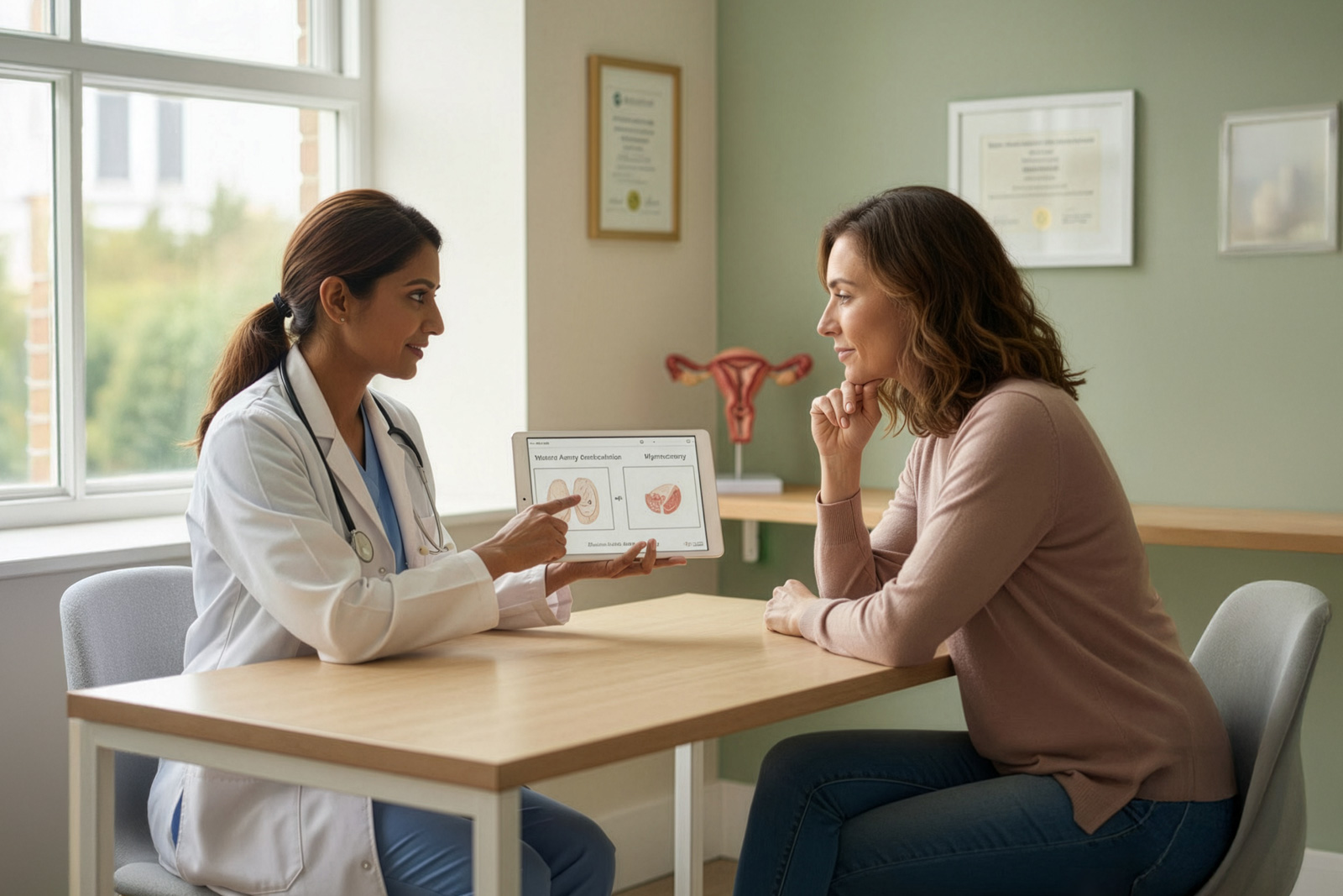 Female doctor explaining fibroids and uterine artery embolisation options to a patient during consultation