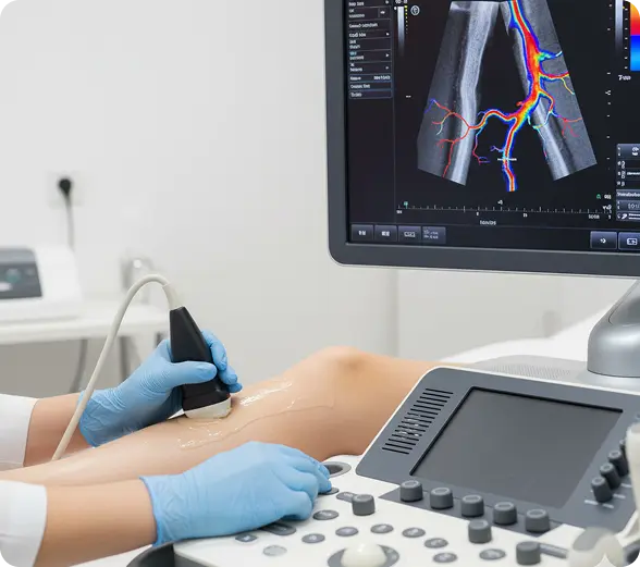 Clinician in blue gloves scans with ultrasound; colour blood flow image on monitor.