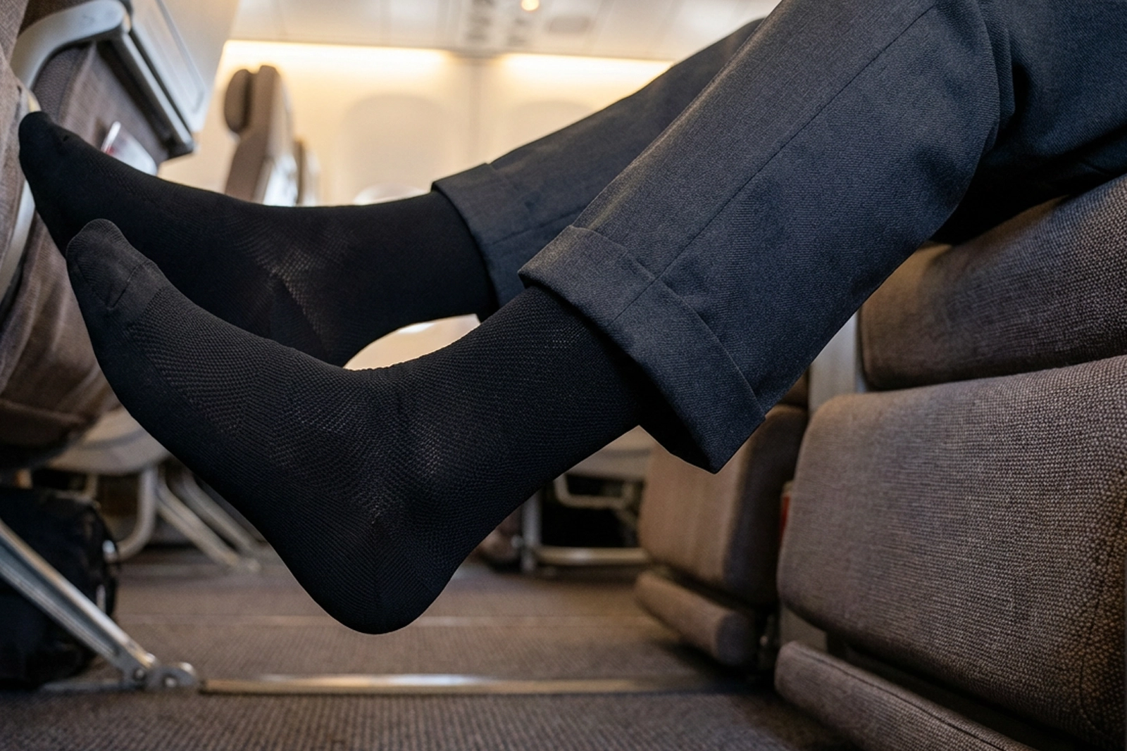 Passenger wearing compression socks on an aeroplane, showing leg support and circulation care when flying after varicose vein treatment.